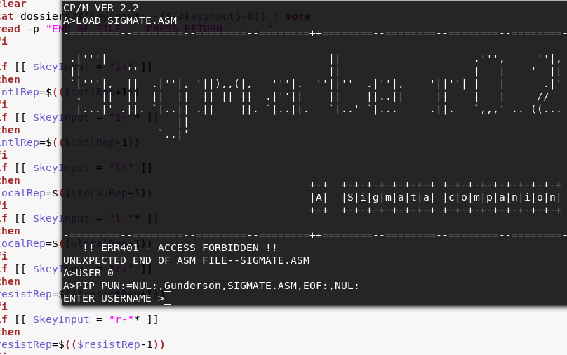 A Photo of the Sigmate Interface, white ASCII art and a command line prompt. The interface has technobabble and in large stylised lettering, 'Sigmate r zero point two. A Sigmata Companion.'