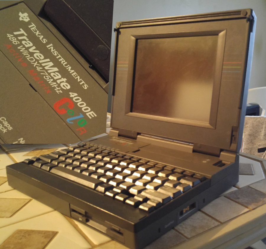 A Photo of the Texas Instruments TravelMate 4000E Color with the top left being another photo showcasing the branding details, make and model.